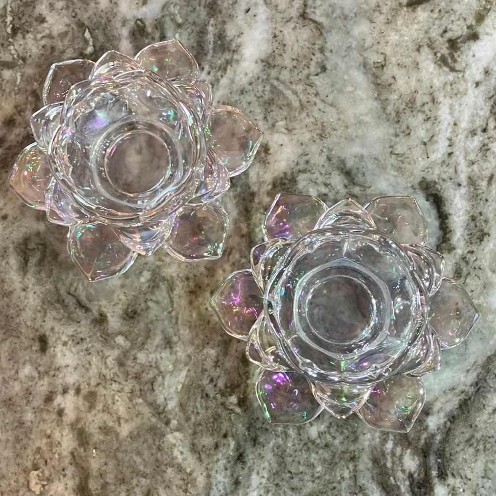Iridescent Lotus Candle Holders Glass Set Of 2